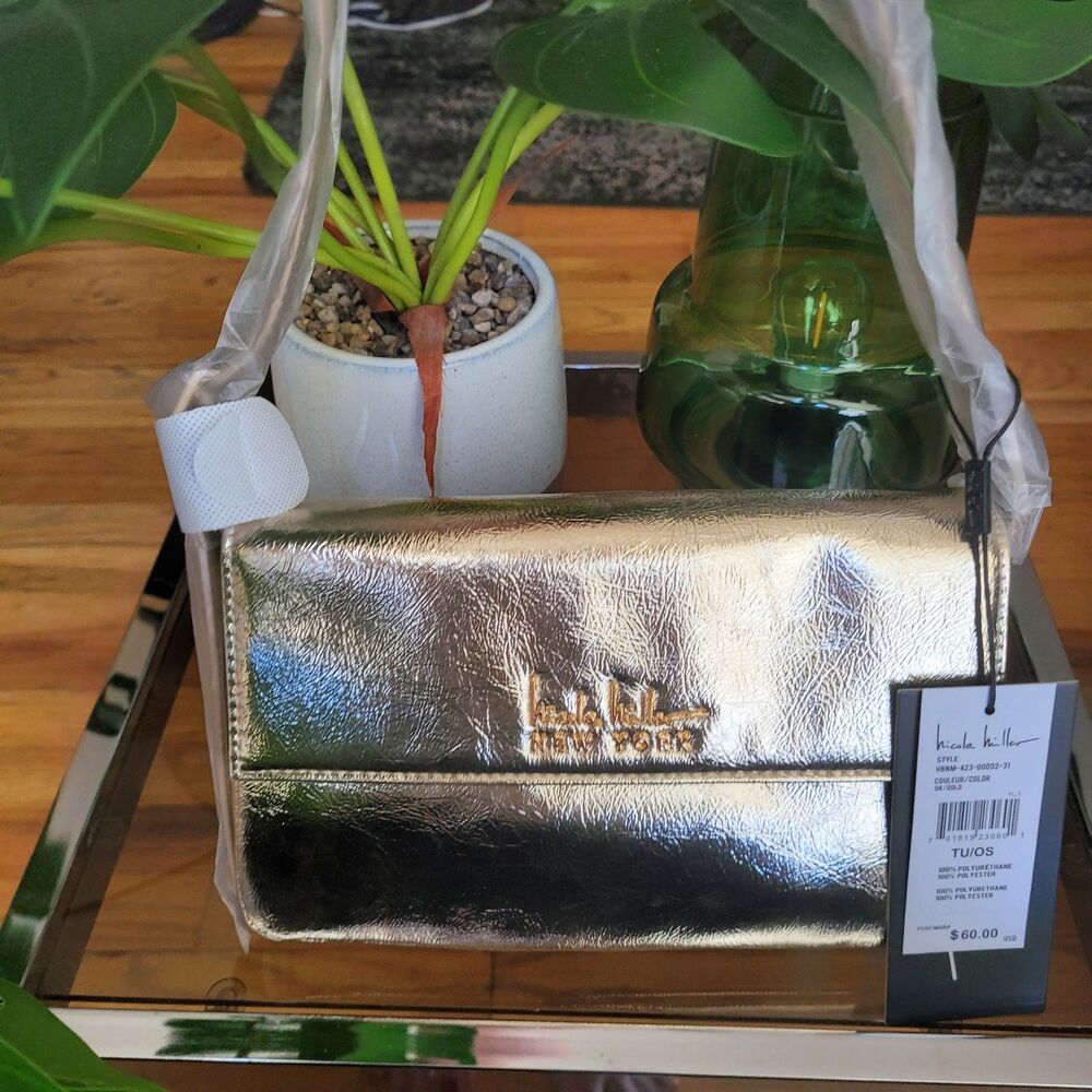 Nicole Miller Metallic Gold Vegan Leather Handbag Purse Shoulder Bag NWT $60 NEW - Picture 7 of 16